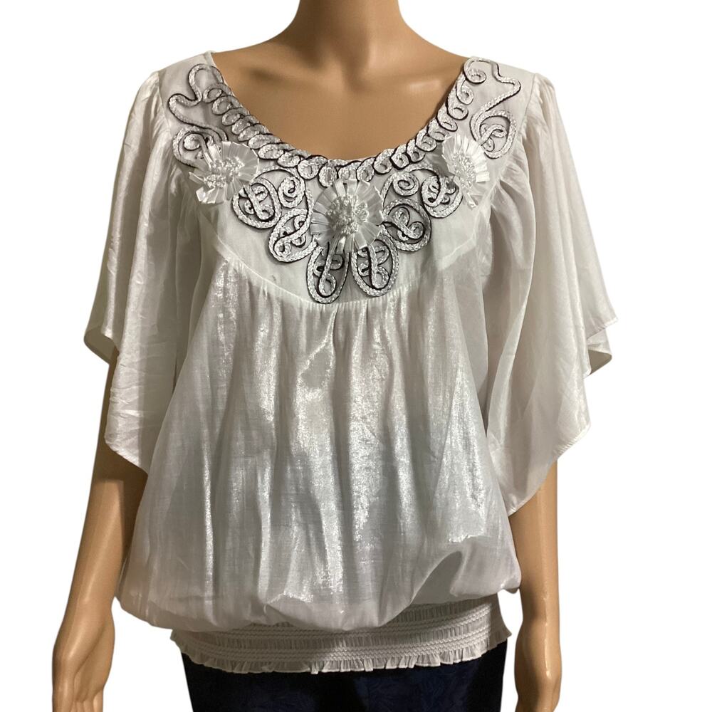 Jaja & Co. Sheer White Boho Blouse Floral Applique Flutter Sleeve Bubble Hem 1XL